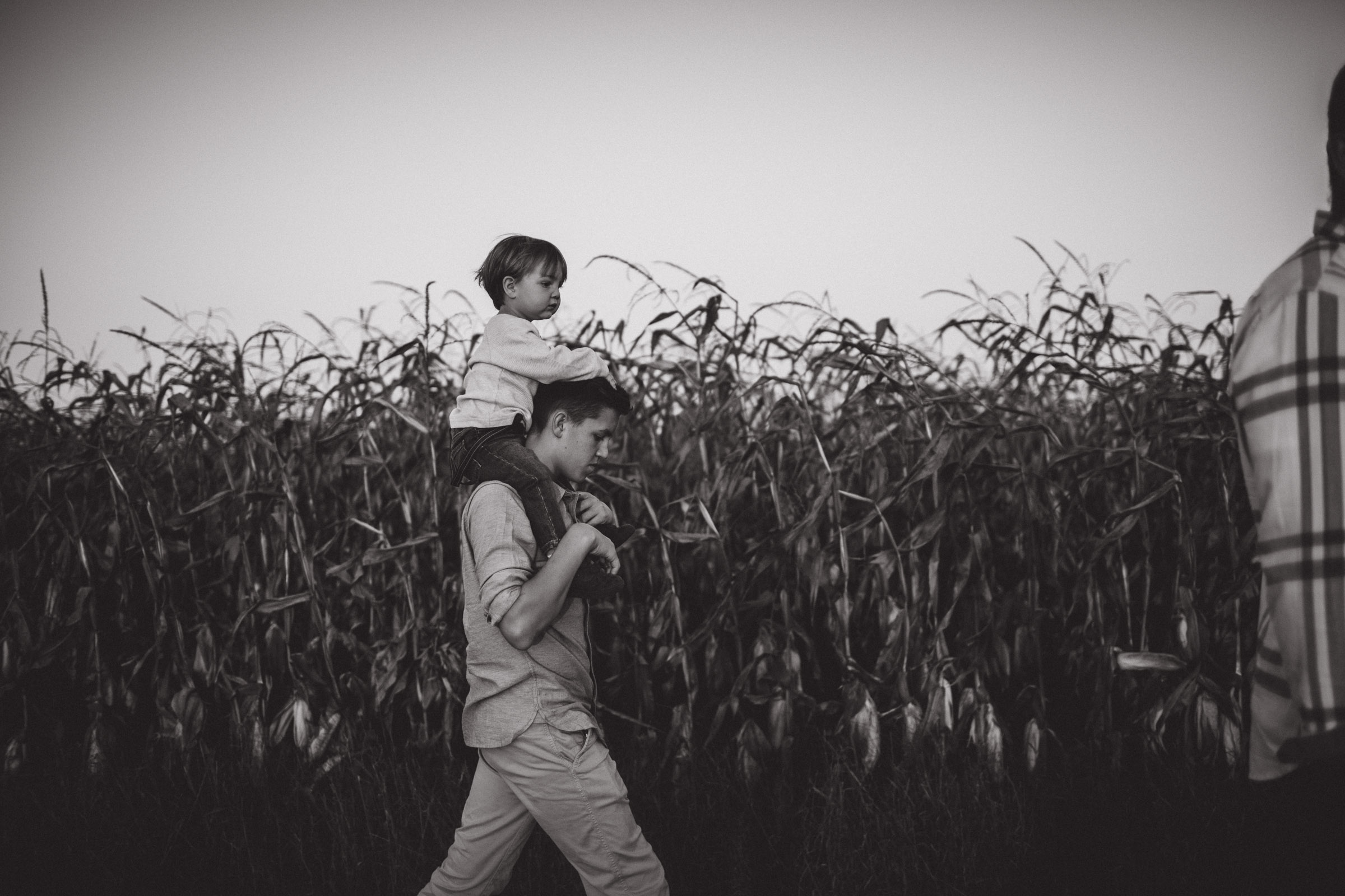 older brother carrying younger brother on shoulders beside cornfields 