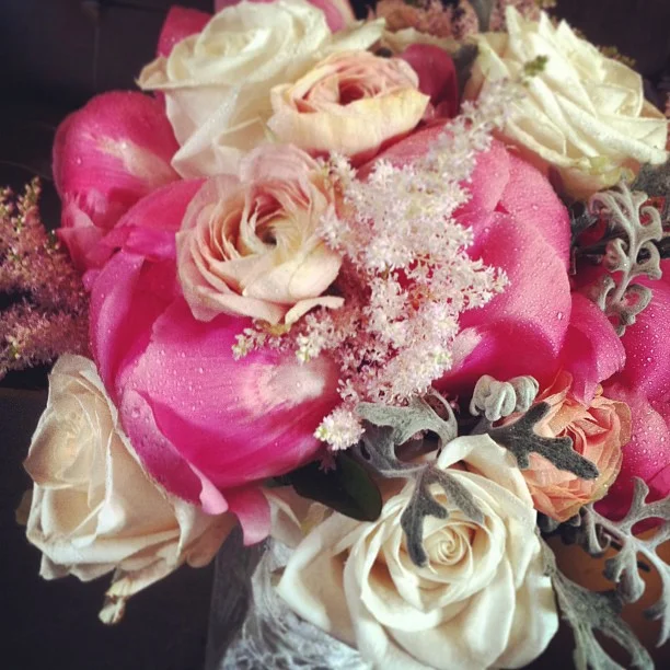 Ariana's Bouquet // Peony, Ranunculus, Roses, Dusty Miller, and Astilbe. #breck #breckenridge #breckweddings #wedding #florist #floraldesign