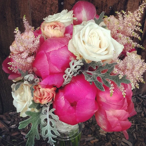 Ariana's Bouquet // Peony, Ranunculus, Roses, Dusty Miller, and Astilbe. #breck #breckenridge #breckweddings #wedding #florist #floraldesign