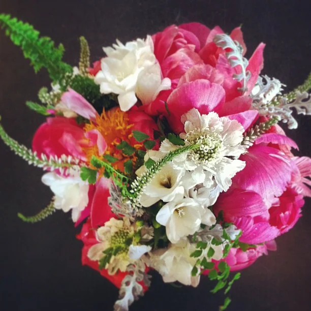 Katie's Bouquet // A mix of pinks, greens and white flowers for today's #wedding ceremony in #BeaverCreek. The reception is in #Vail. // #VailValley #VailWedding