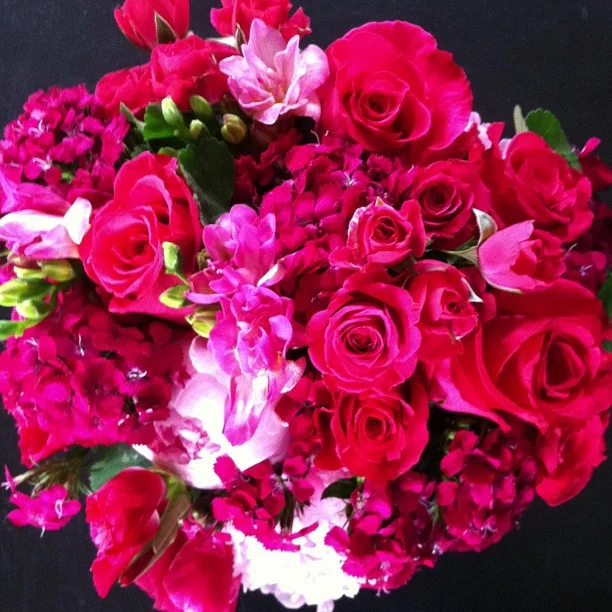 Nicole's Bouquet // Freesia, Peony, Dianthus, Godetia, and Roses. #breckenridge #wedding #breckwedding