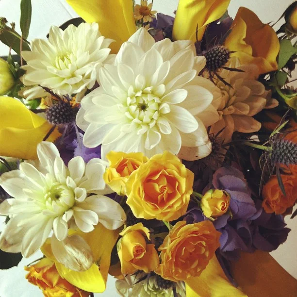 Janet's Bouquet // Hydrangea, thistle, spray roses, dahlia, calla lilies, fever few and millet.