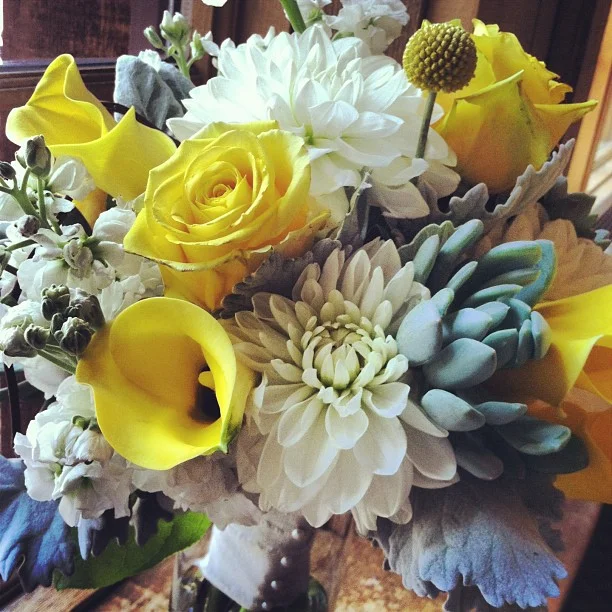 Stephanie's Bouquet // White dahlias, Stock, Dusty Miller, Roses and Calla Lilies.