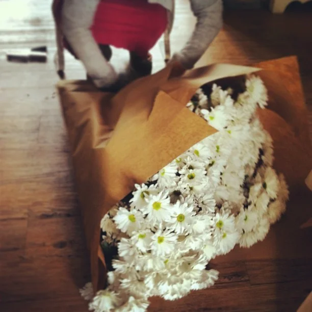 Daisies being wrapped up or some #DIY rehearsal party action.