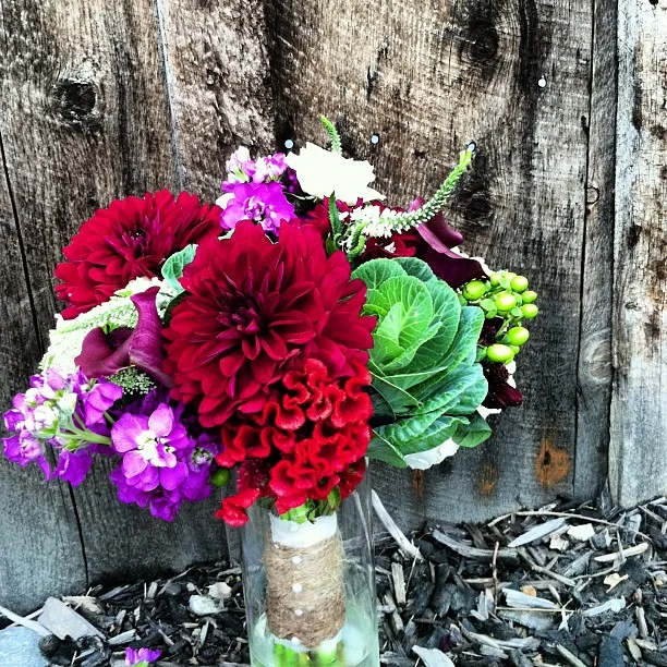 Brittany's Bouquet // Filled with Dahlia, Hypericum Berries, Veronica, Kale, Stock, Spray Roses, Calla Lilies and Queen Anne's Lace.