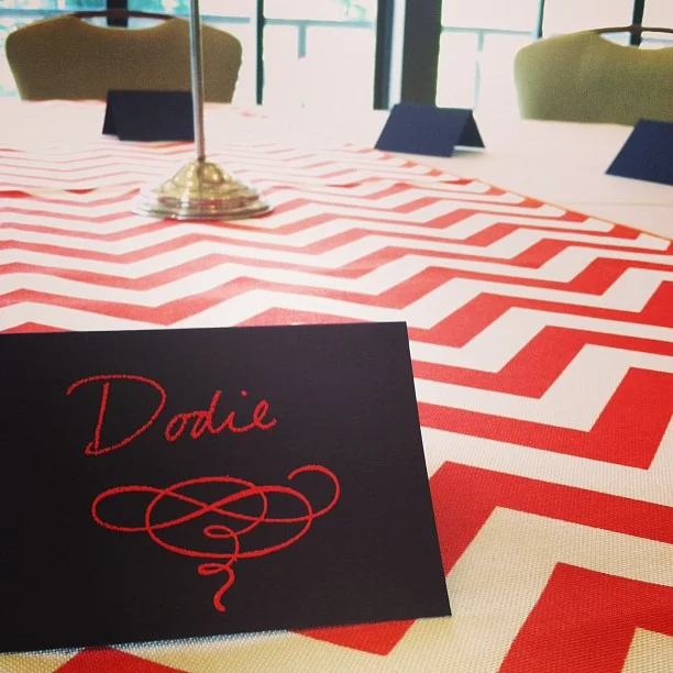 Orange chevron table runner being used for tonight's wedding reception at @beaverrun // #breckwedding