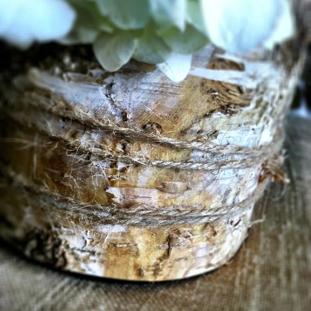 Twine and birch. // #breckwedding #rentals #breckenridge #wedding #centerpiece #container