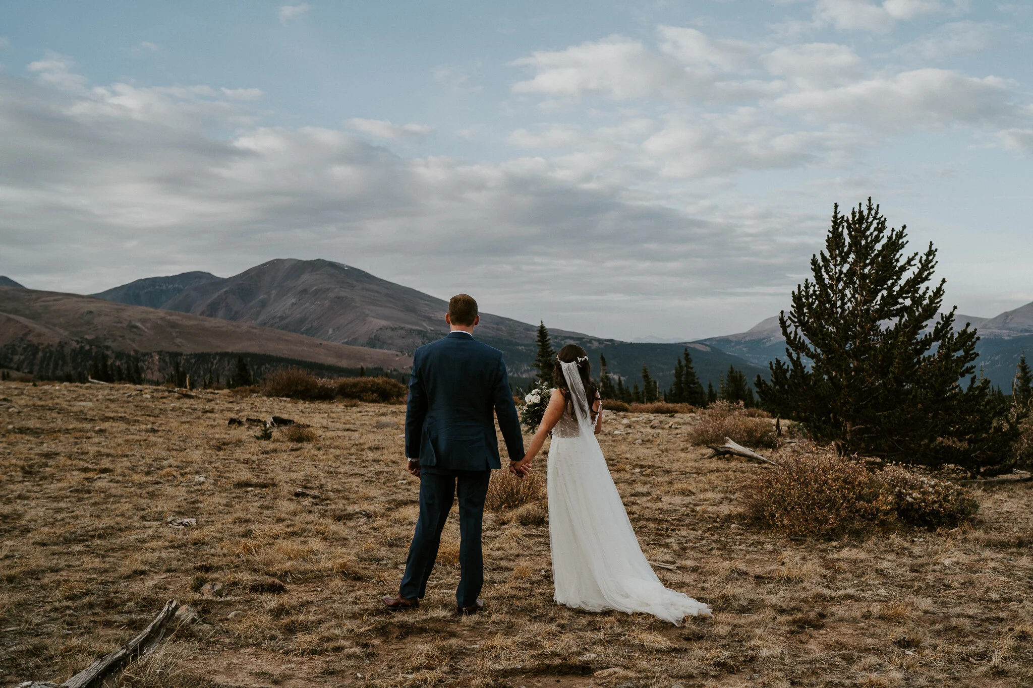 A couple holding hands, facing away from the camera, looking at the epic mountain views in front of them in Fairplay, CO.