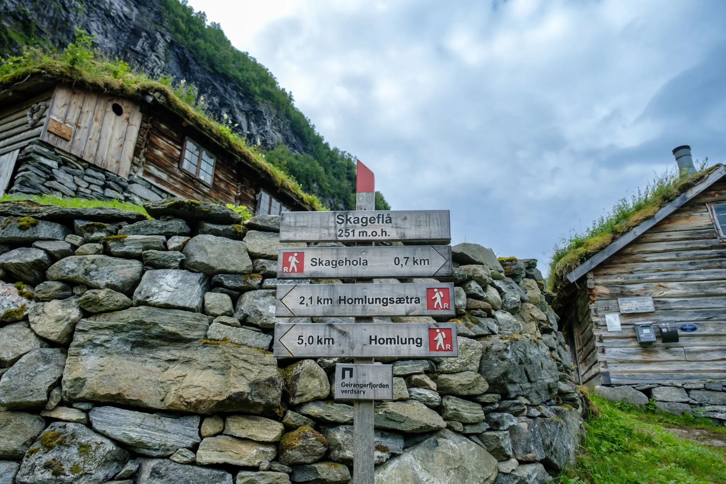 Skilting med turstier i fjellandskap foran gamle fjellhytter