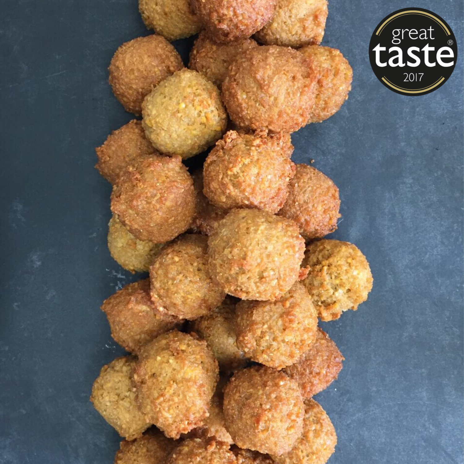 Premium gluten-free frozen falafel balls featuring the Great Taste Award logo – SALSA approved, high-fibre, authentic chickpea recipe for wholesale menus