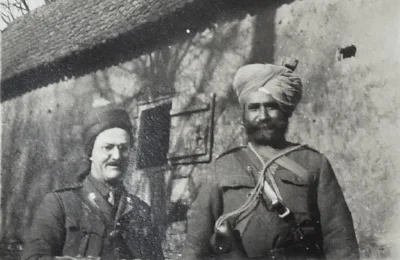 Tom in loonghi with Risaldar Major Amar Singh in Thérouanne, January 1915. © Westmacott Family Archive