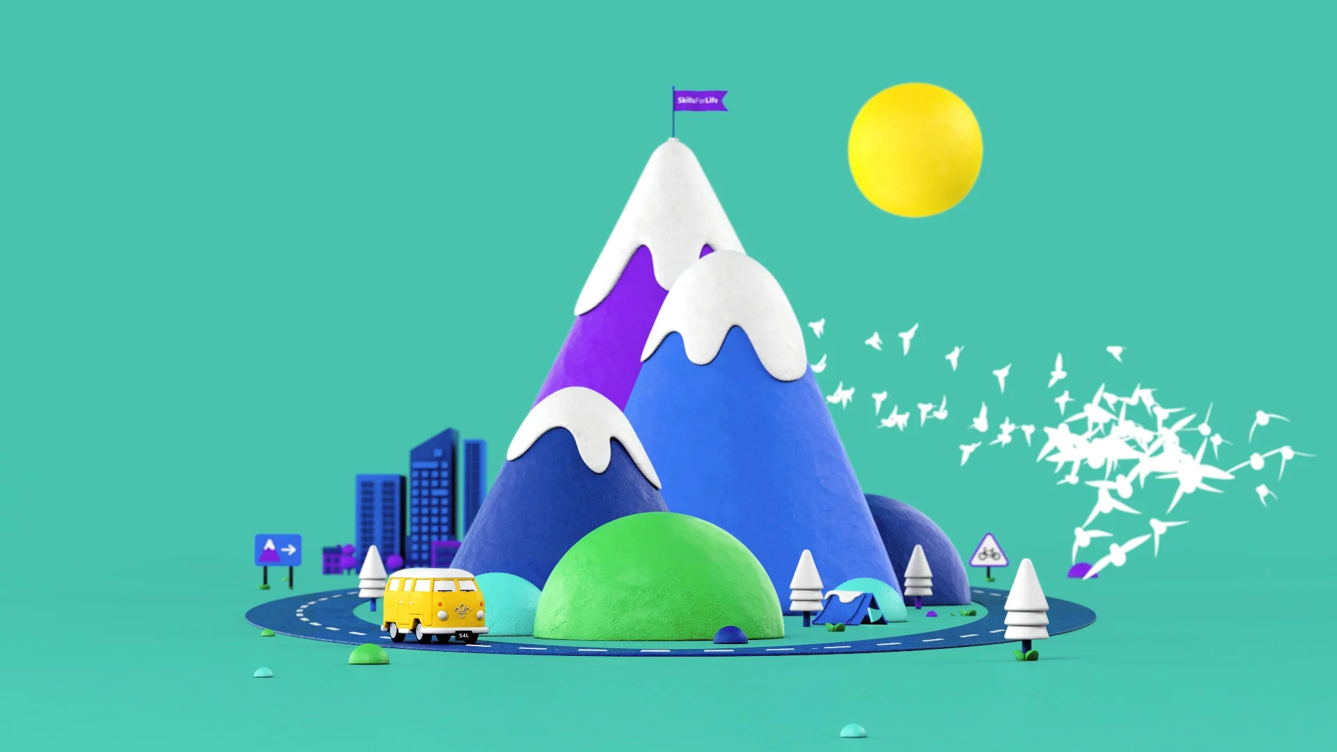 Scouts - Better Futures---Young-Illustration-&-Animation-Studio-Manchester-2D,3D, mountain, city, flock, flag, campervan - 3d modelling - ANIMATION.jpg