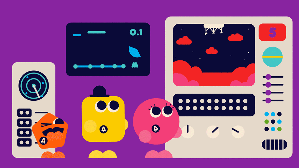 SCOUT--Skills-for-life---Young-Illustration-&-Animation-Studio-Manchester-2D,-characters,-shapes,-space,-mars,-spaceship,-ground-control,-loop.gif