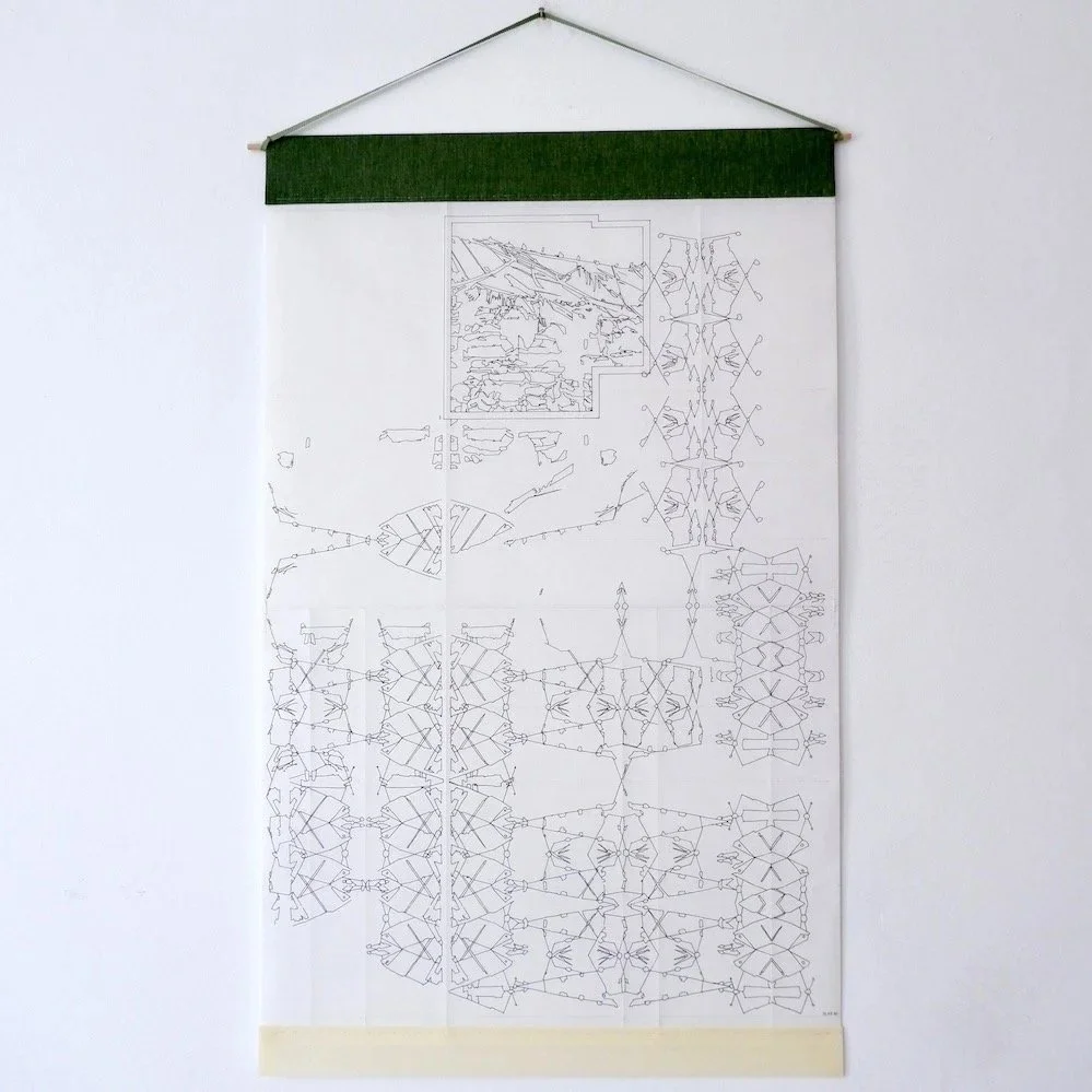 Tracks (Barn) - drawing pen on paper with thread and book cloth. Copyright Corinne Noble