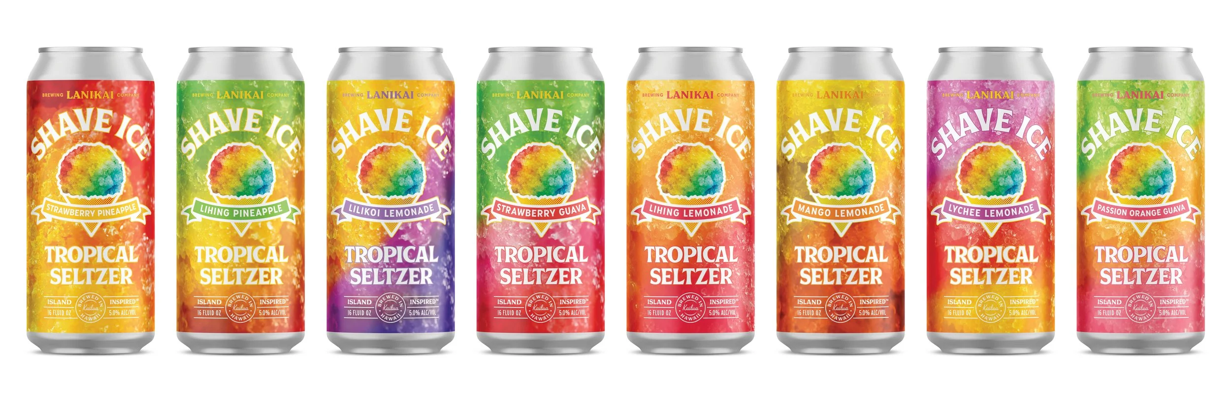 Lineup of eight colorful cans of Shave Ice Tropical Seltzer flavors, including strawberry pineapple, lihing pineapple, liliko'i lemonade, strawberry guava, lihing lemonade, mango lemonade, lychee lemonade, and passion orange guava.