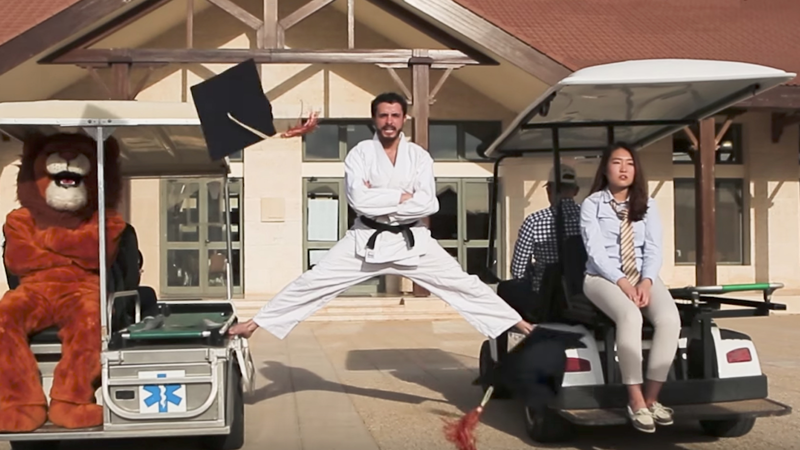 The issue here was getting two golf carts of different makes to drive exactly the same speed. Had we really tried, I think Omer would have done the full splits.