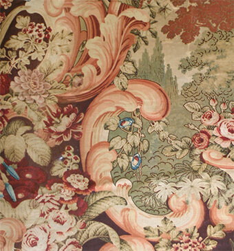 large cartouchea nd foliage design on heavy woven cloth
