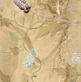 Chinese silk, painted motifs on tobacco coloured ground