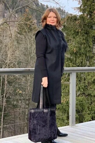Four outfits with the Midnight Velvet Tote Bag