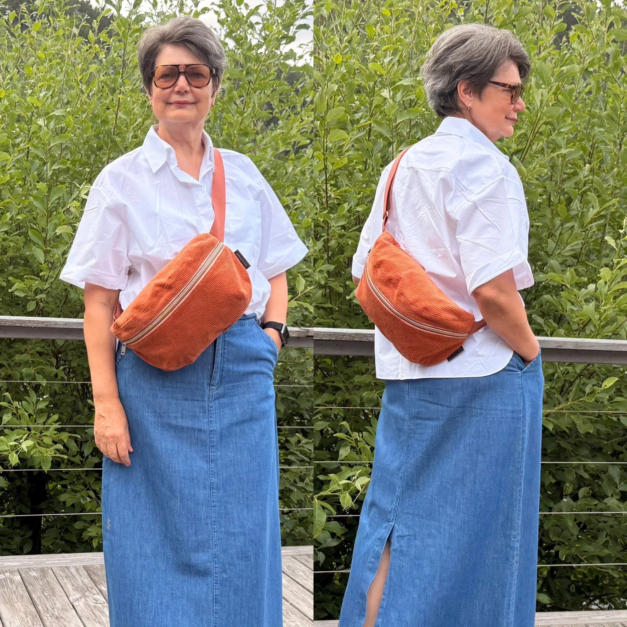 Model wearing an adjustable burnt orange corduroy sling bag across the chest for hands-free travel.