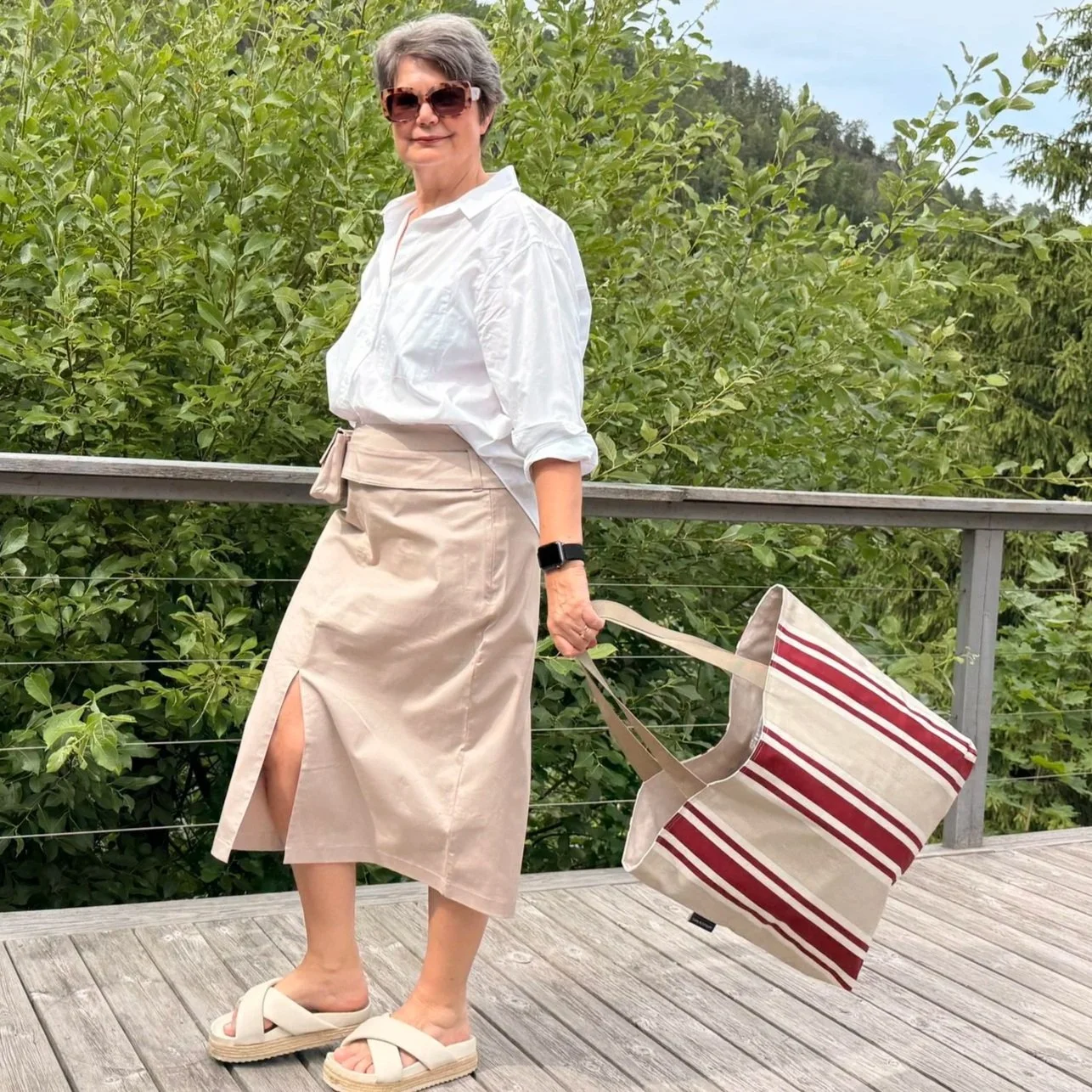 Handmade extra large canvas tote bag with bold red, white, and beige vertical summer stripes.