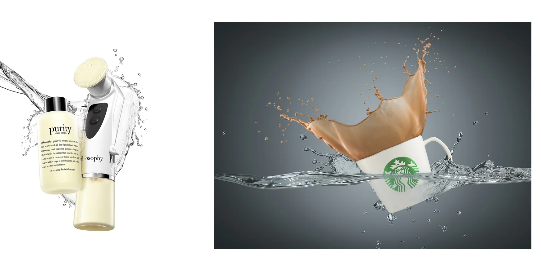 The image on the left is an example of splash being used to speak to the cleansing nature of the product. The image on the right is an example of someone using splash techniques just because they can. 