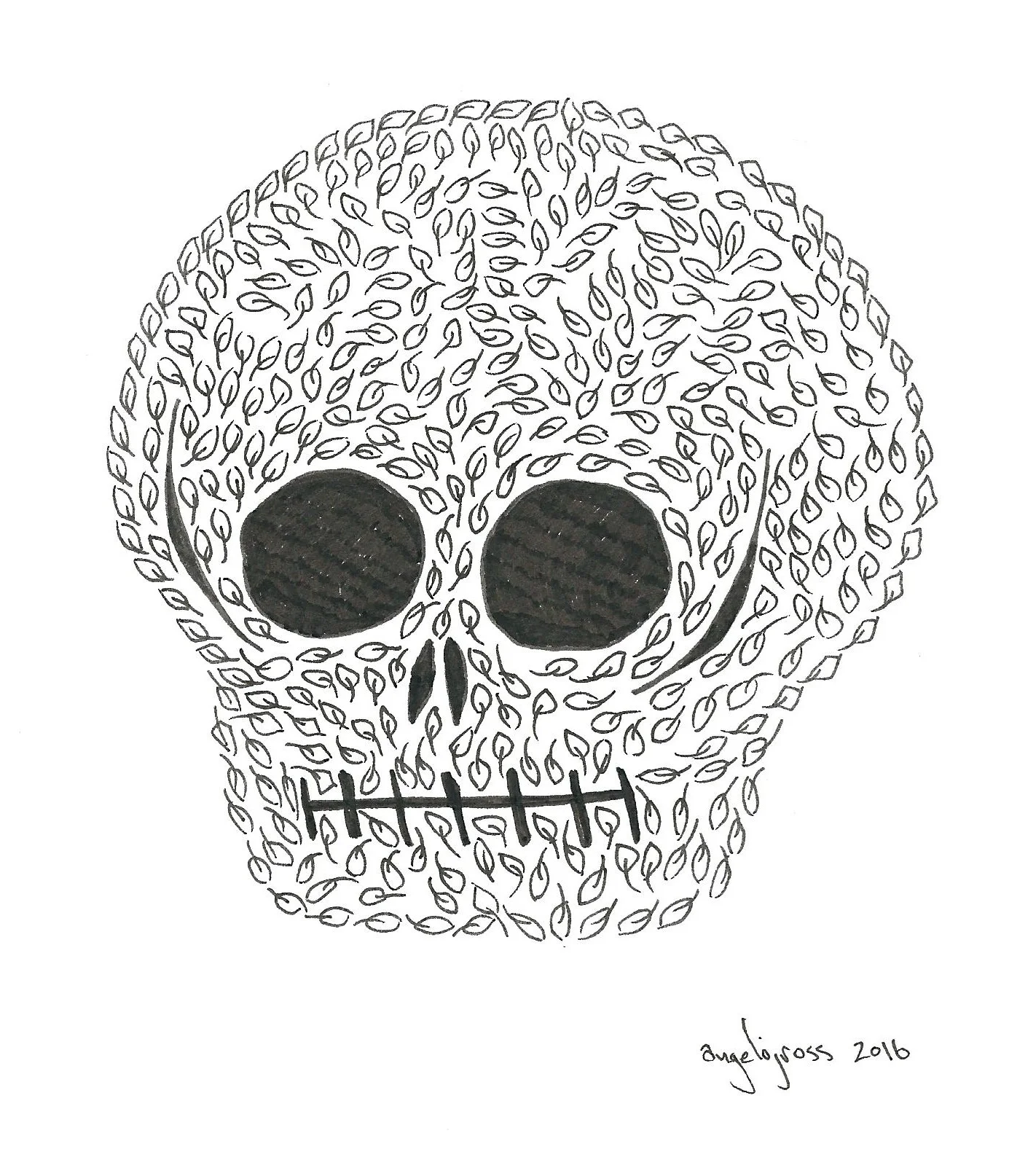 Leaf skull. Pen and ink
