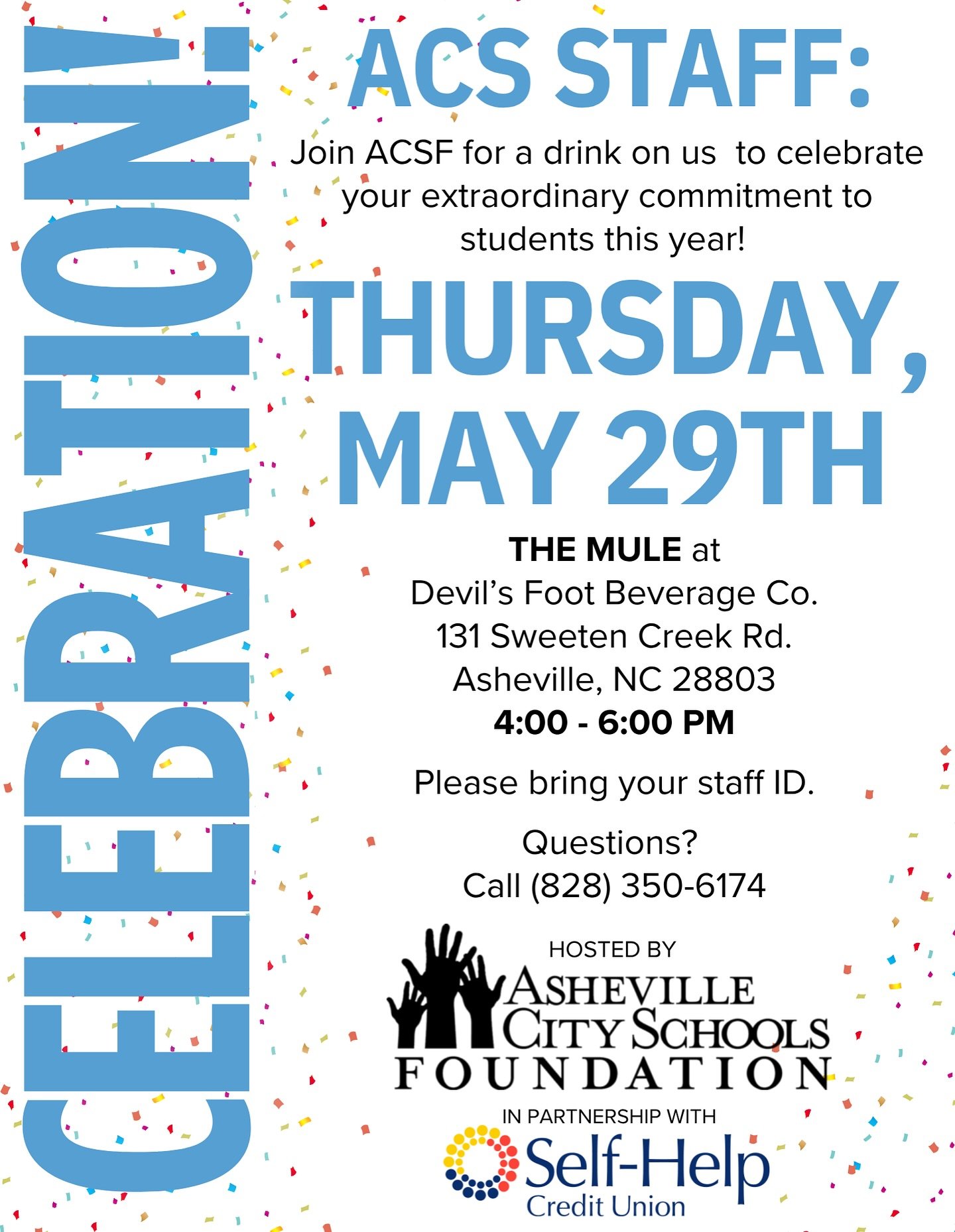 ACS STAFF: 🎉 Join us tomorrow (Thursday) from 4&ndash;6 PM at The Mule at Devil&rsquo;s Foot Beverage Co. to celebrate YOU, our incredible champions of local public schools. 💛 First drink is on us! 🍹 See you there! 

Big shoutout to our friends at