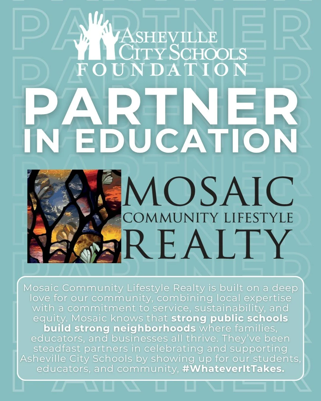 We&rsquo;re so grateful for our premier Partner in Education, Mosaic Community Lifestyle Realty! They are a team that truly understands the importance of strong public schools and strong communities. 💙 Thank you for always showing up for Asheville&r