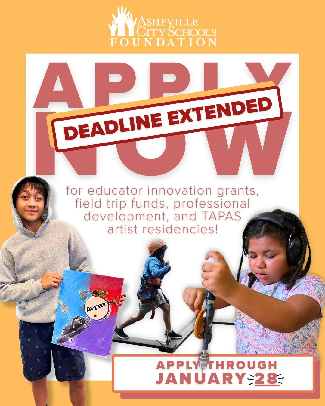 ❄️ Educator Grant Deadline Extended ❄️

With winter weather on the way and possible power outages next week, we&rsquo;re extending the Spring Educator Grant deadline to Wednesday 1/28 at 12 PM.

This includes Innovation Grants, PD Funds, Field Trip F