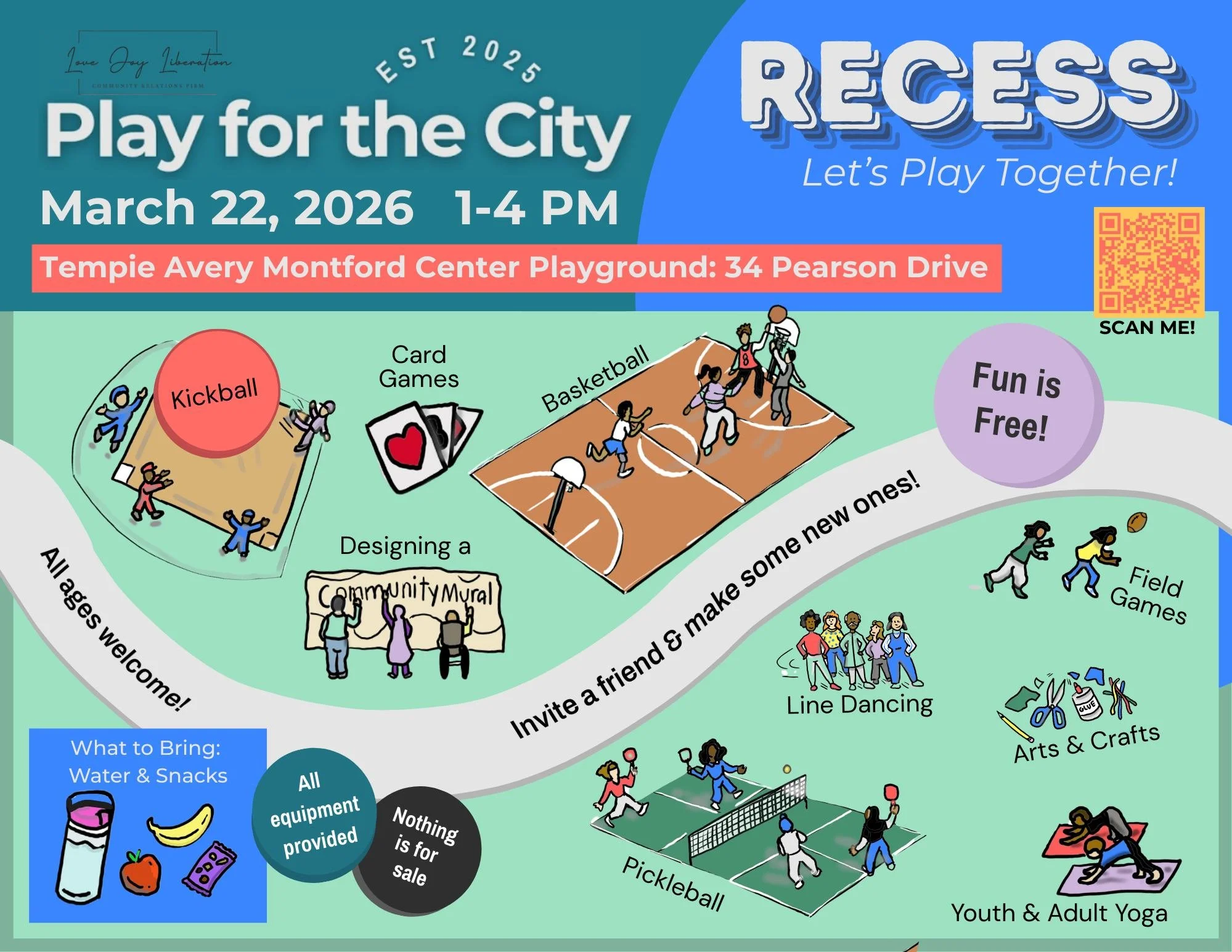A COMMUNITY THAT PLAYS TOGETHER STAYS TOGETHER!

Play for the City is a 6-part, free community event series hosted by Lovejoy Liberation Community Relations Firm. It is an intergenerational, joy-filled campaign rooted in the truth that: play is for t