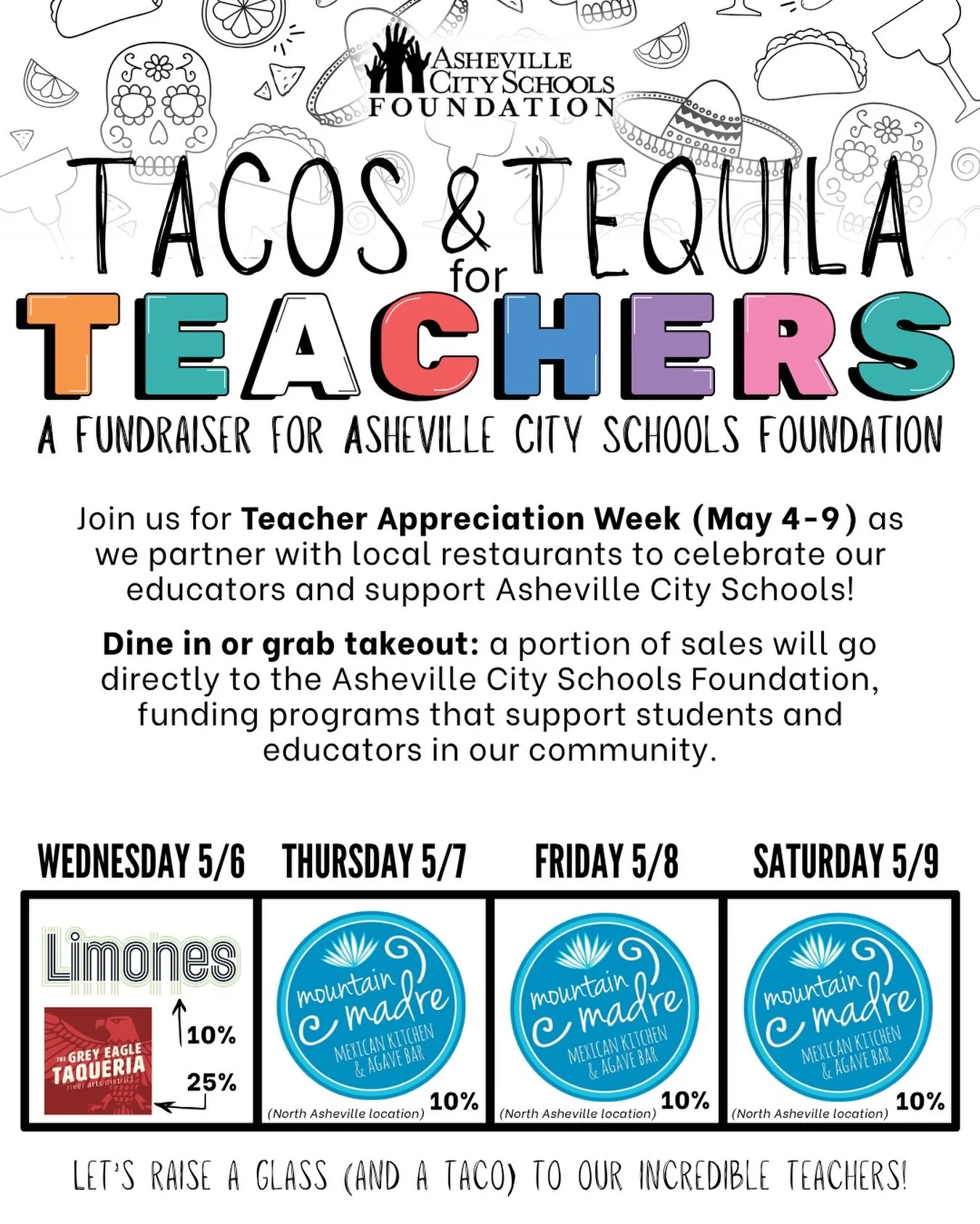 Happy Teacher Appreciation Week! 🍎✨ But why limit it to one week?!

MAY is for Teachers officially kicks off THIS WEEK! All month long, we&rsquo;re partnering with local restaurants, treat shops, and breweries across Asheville to help YOU give back 