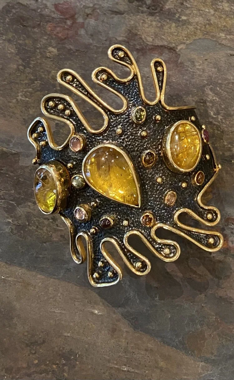 Rutilated Citrine Tourmaline Gold and Silver Cuff.jpg