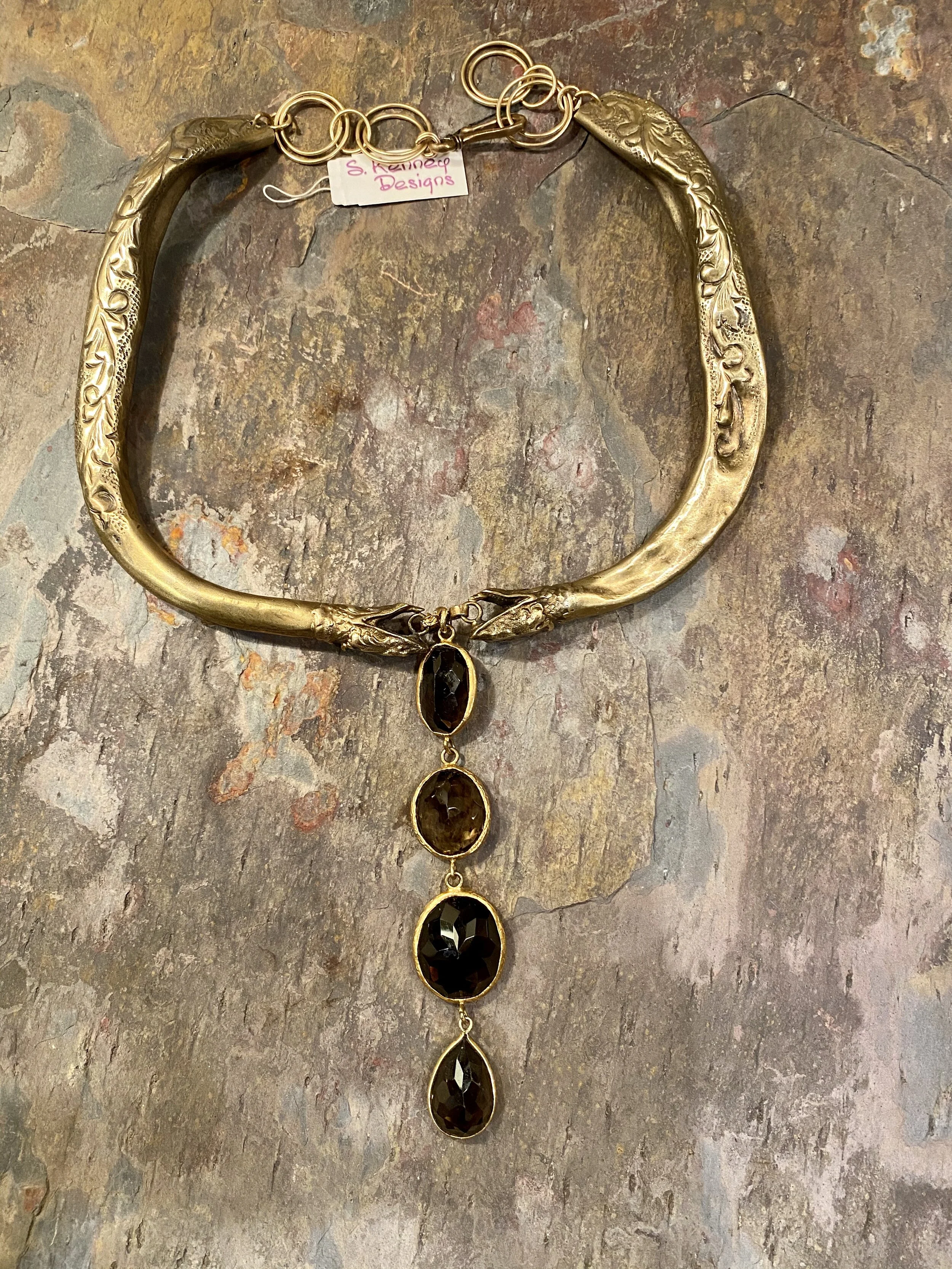 Bronze Snake Head Collar with Smokie Quartz pendant.jpg
