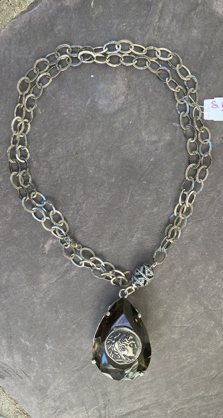 Smoky Quartz Greek Coin on Long Oxidized chain $148.png