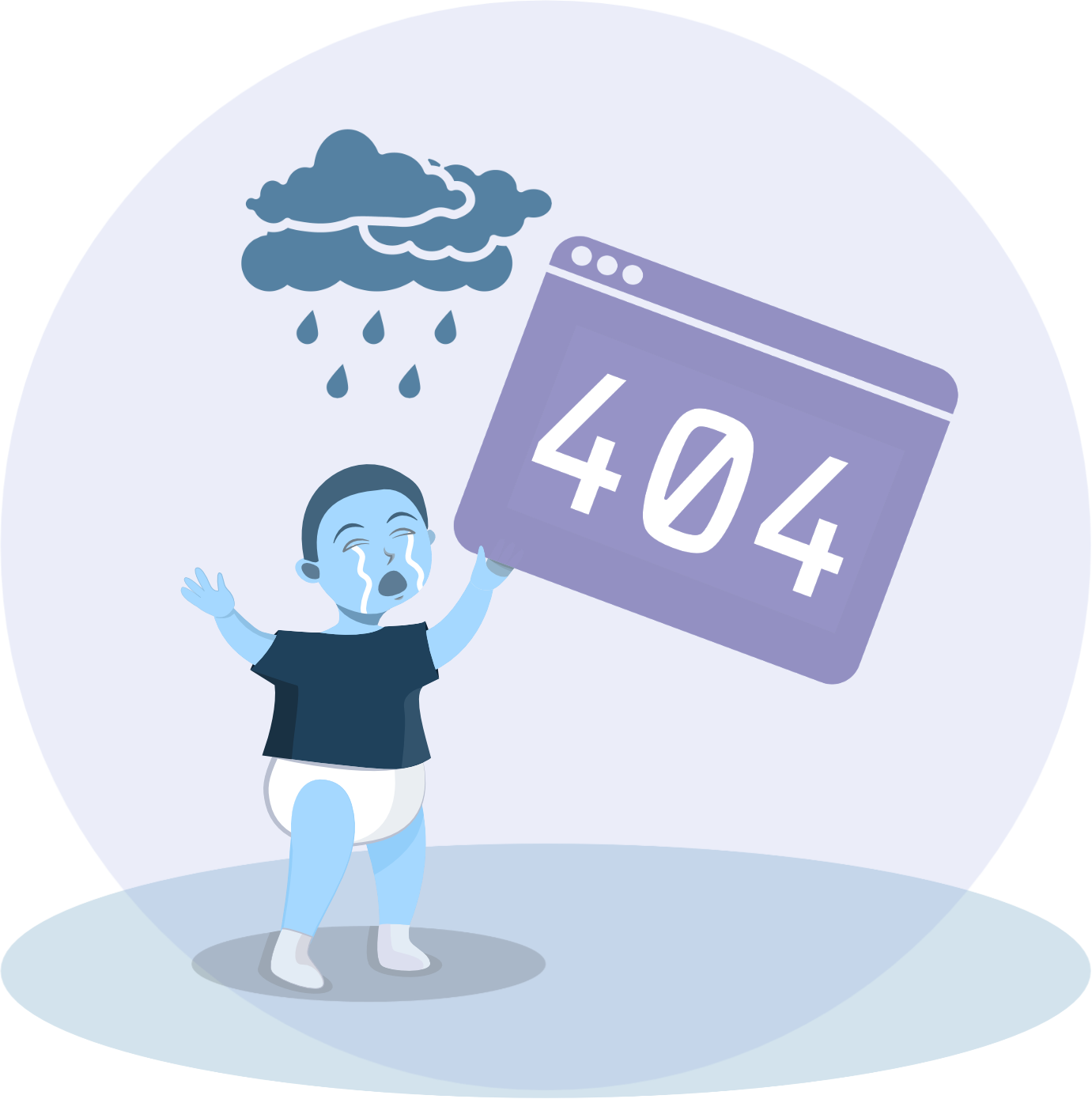 Ilustración de un niño llorando con un globo que muestra el código de error 404, en un fondo con nubes negras y lluvia.