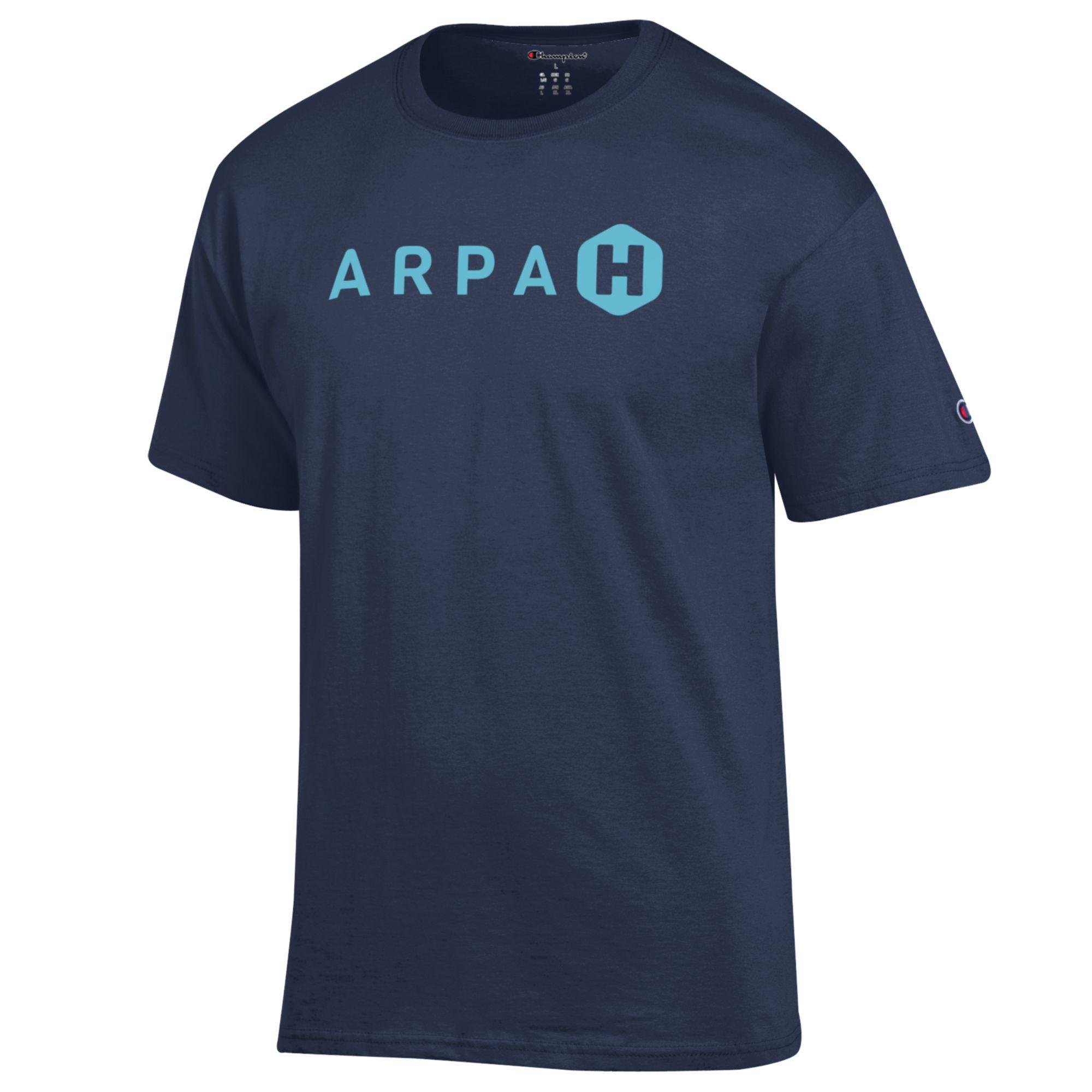 Navy blue T-shirt with the text 'ARPAH' and a symbol resembling a shield with a stylized 'H' in light blue.