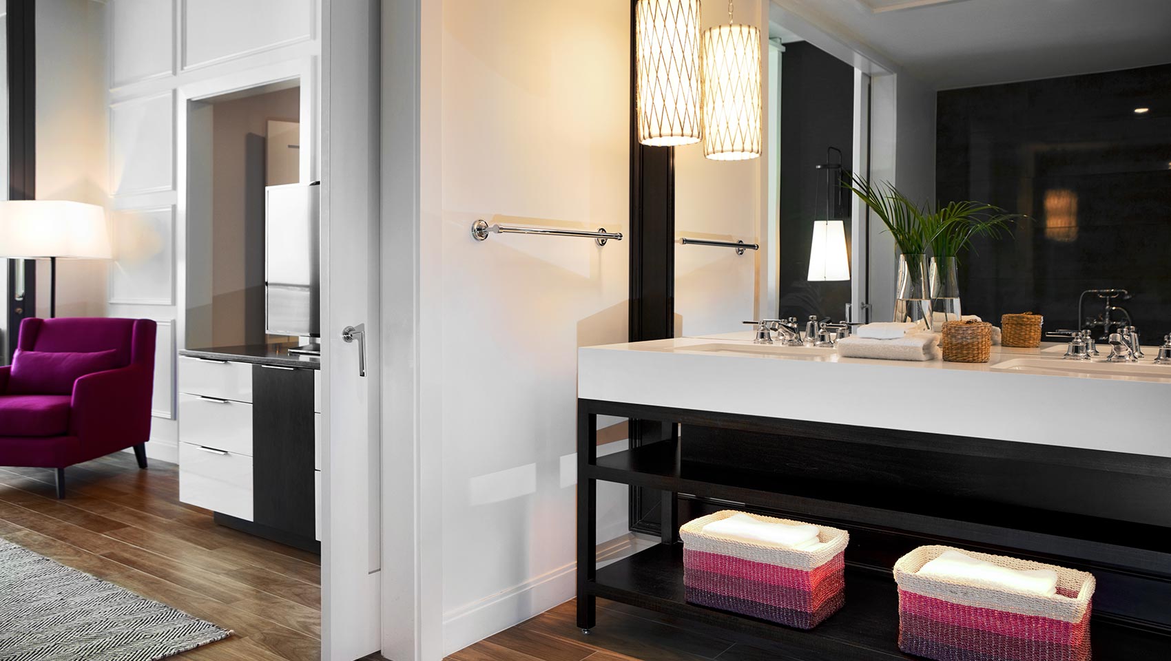 Bathroom vanities, mirrors, wall paneling and trim.