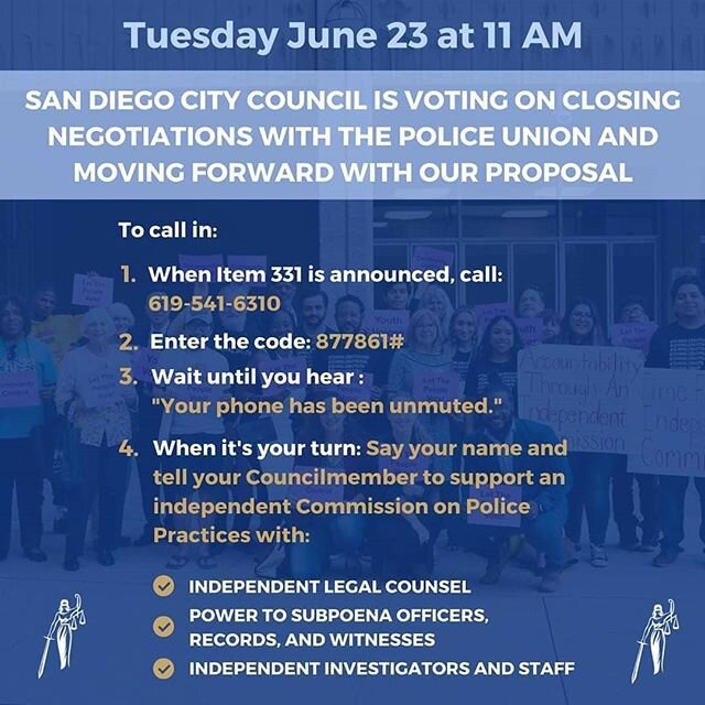 You know the drill, San Diego! Another call to action from @sdforjustice to support their ballot proposal. Comment today and/or call tomorrow - keep the pressure on Council so they know that police accountability is a priority for San Diegans.