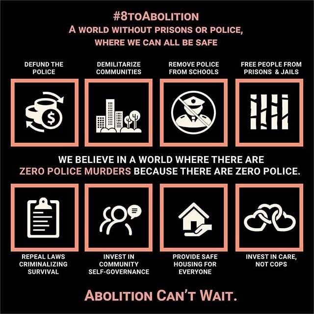 Earlier we shared the #8cantwait campaign. It's become clear that that campaign is limited and that #AbolitionCantWait. Please look at 8toabolition.com and continue fighting to #DefundThePoilce