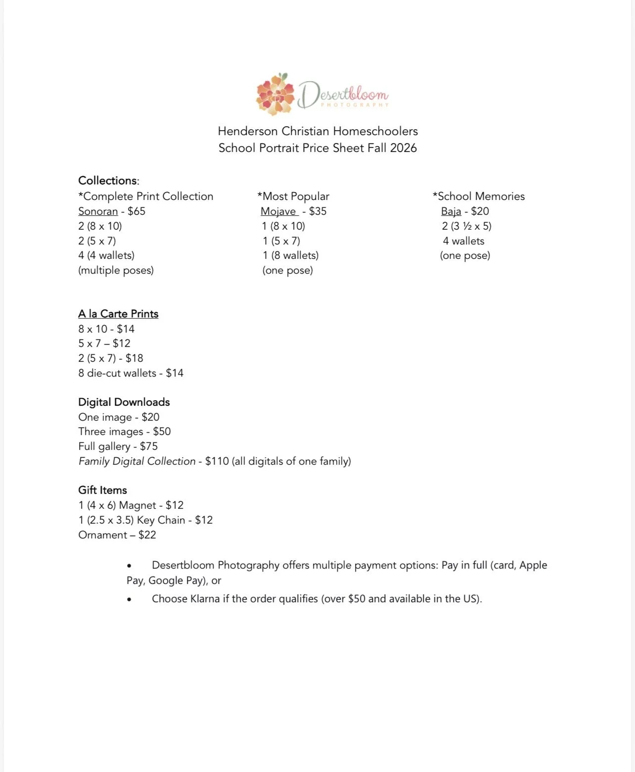 School Price Sheet for Las Vegas School Photographer Desertbloom, 2026