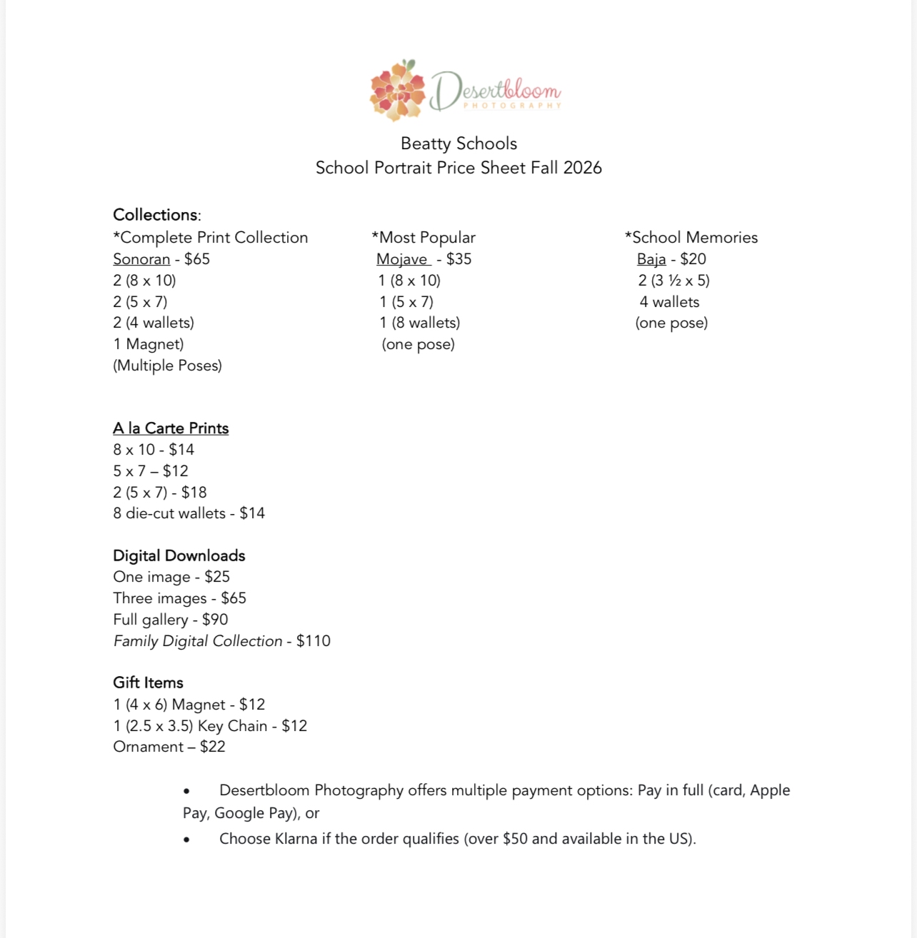 Desertbloom School Photography Price sheet for school portraits and photos Fall 2026 for preschool and elementary school photographer for Beatty schools.