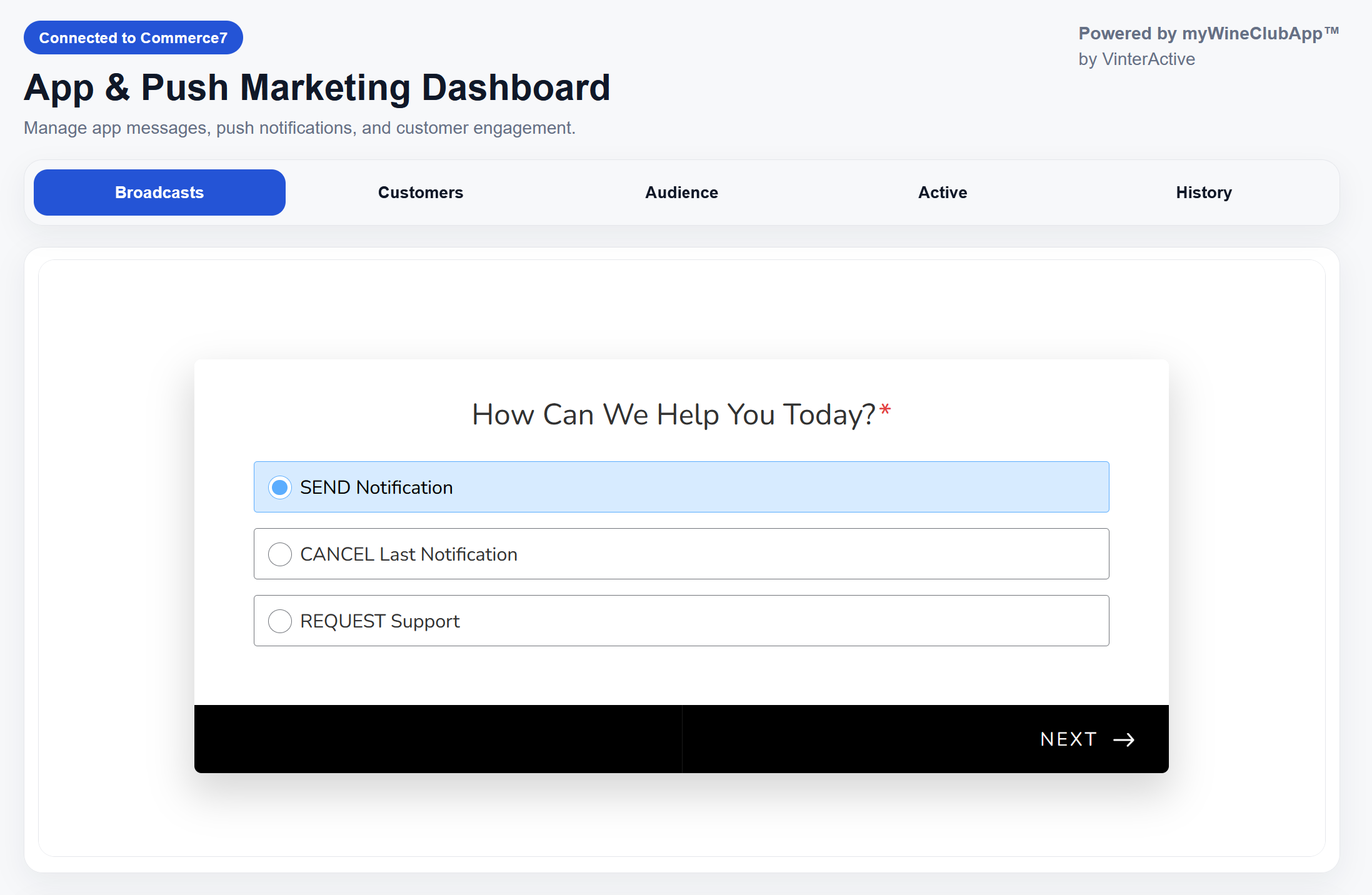 Example of myWineClubApp's marketing dashboard built-in to Commerce7 to simplify management of app and push marketing.