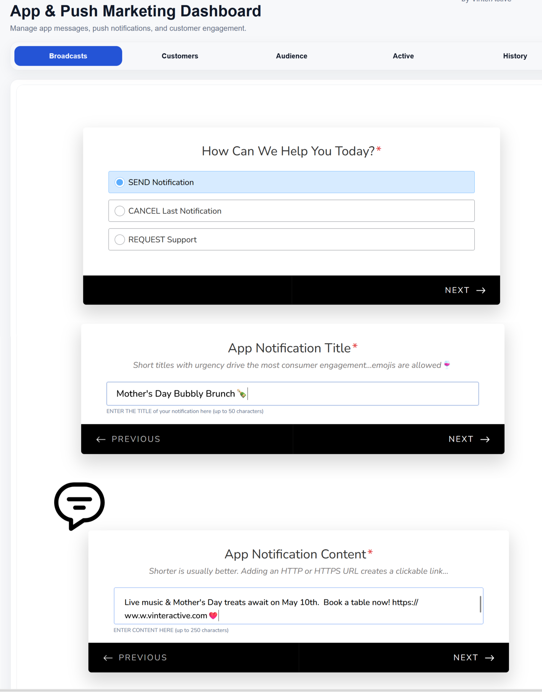 Progressive App Marketing doesn't require any special software skills to operate.  Sending, scheduling, targeting & cancelling messages is quick and easy using a simple admin portal. as shown in this image.