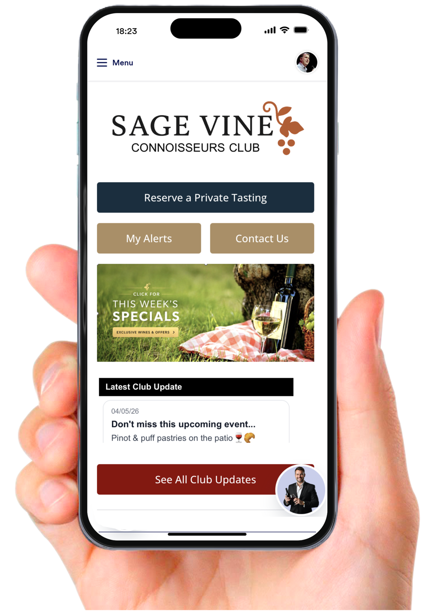 Mobile app screen showing personalized wine club notifications and 1‑click perks.