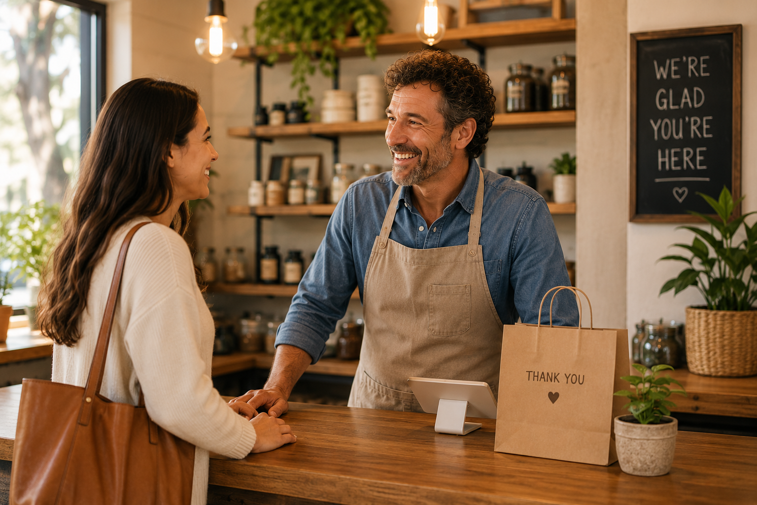 Image of a shop owner interacting with a customer