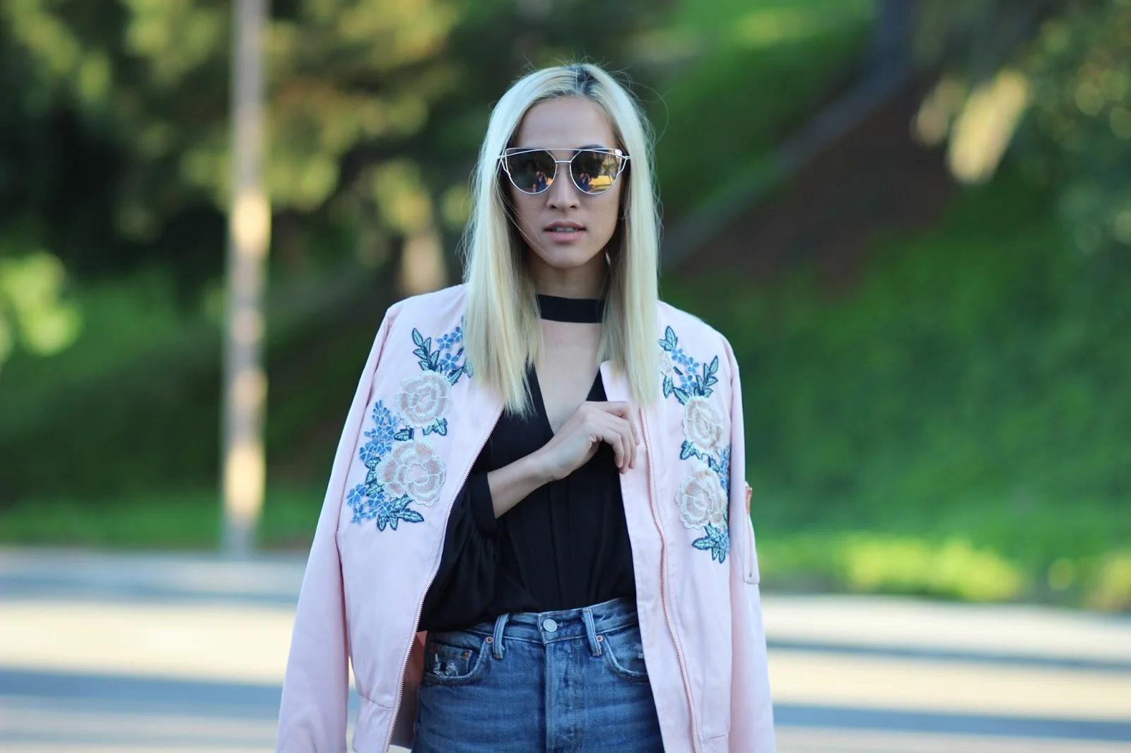 Floral Embroidered Patch Bomber Jacket
