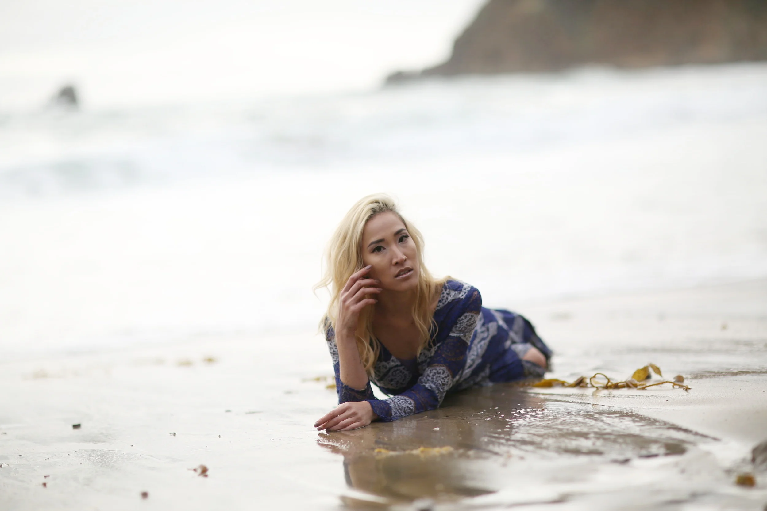 Blue and White Lace Evening Dress