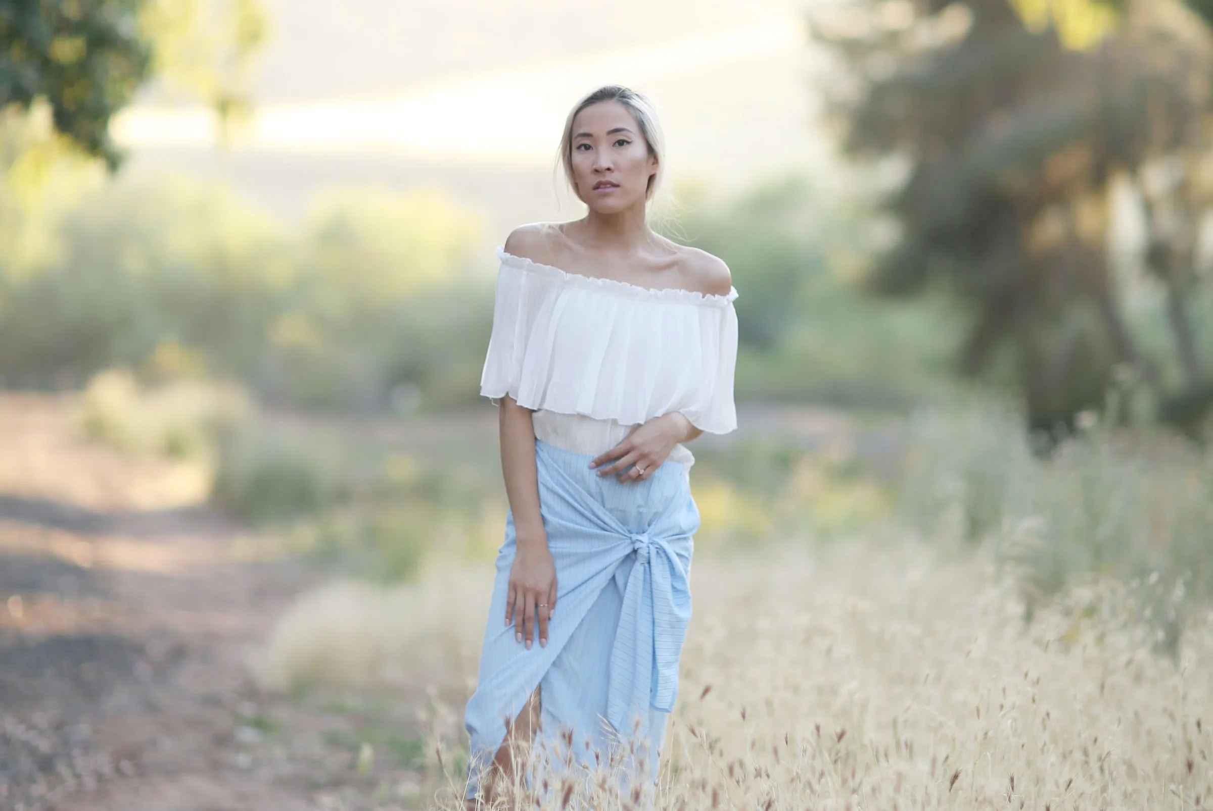Summer Outfit - Off the Shoulder, Wrap Skirt & Leather Sandals