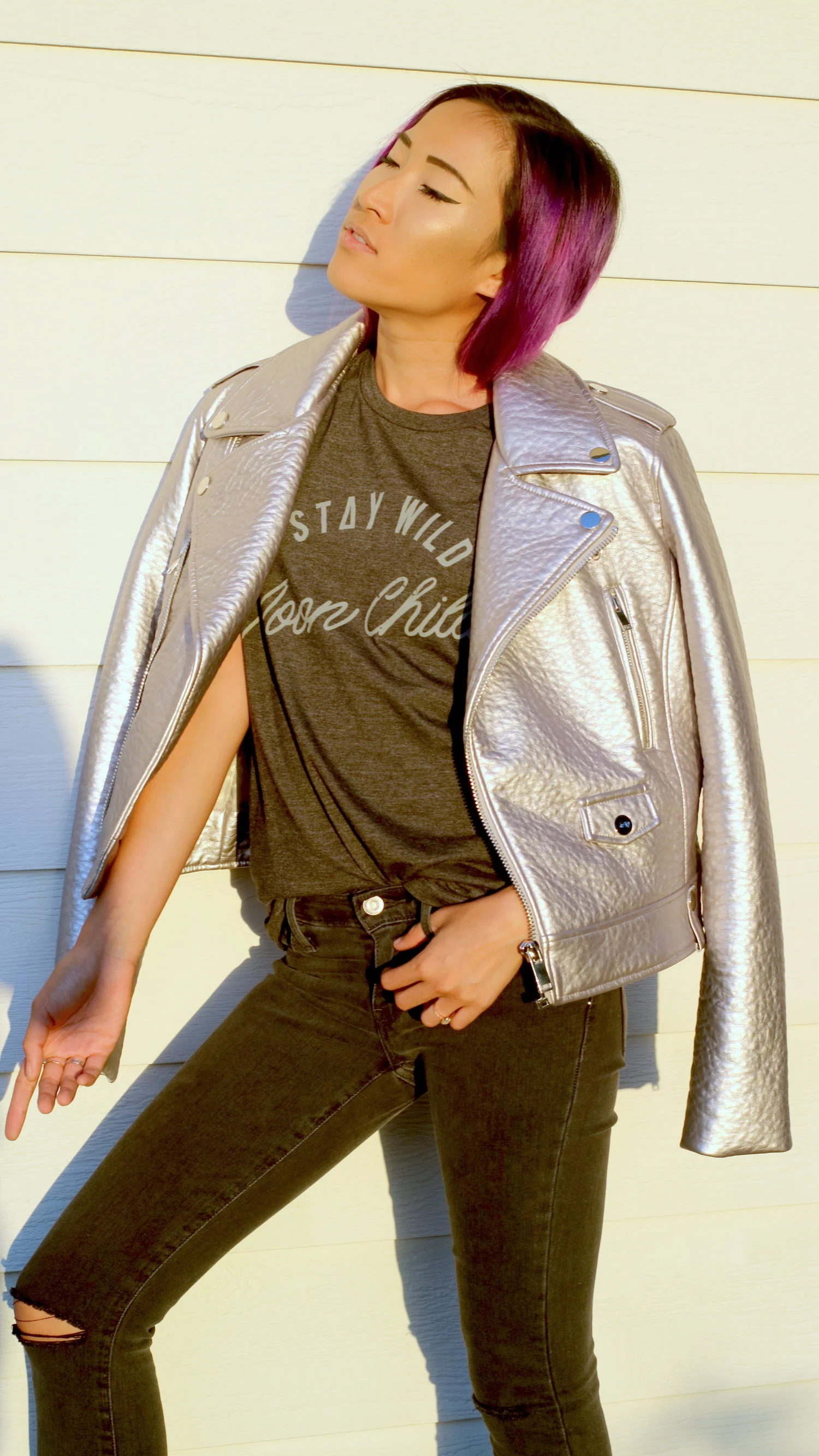 Metallic Jacket and Statement T-Shirt Style